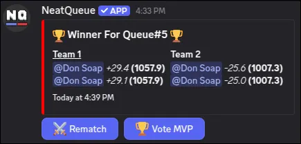 Match results display showing winner, MVP, and stats