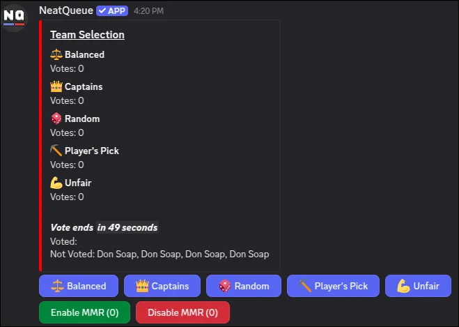 Team selection voting menu showing Balanced, Captains, Random, Player's pick, and Unfair options